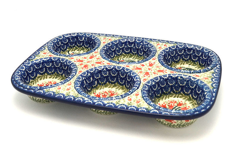 Ceramika Artystyczna Polish Pottery Muffin Pan - Crimson Bells 811-1437a (Ceramika Artystyczna)