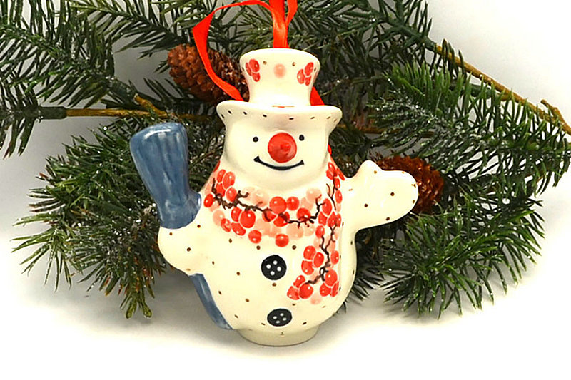 Polish Pottery Ornament - Snowman with Broom - Pink Peppercorn
