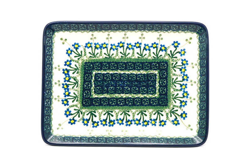 Polish Pottery Plate - Rectangular - Blue Spring Daisy