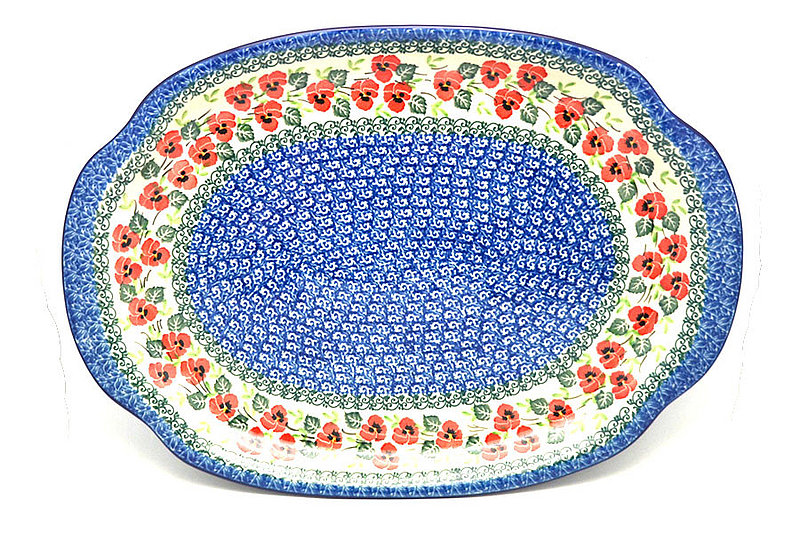 Polish Pottery Platter - Oval - Red Pansy