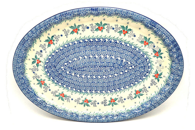 Ceramika Artystyczna Polish Pottery Platter - Oval with Scalloped Inset - Winter Holly 614-2973a (Ceramika Artystyczna)