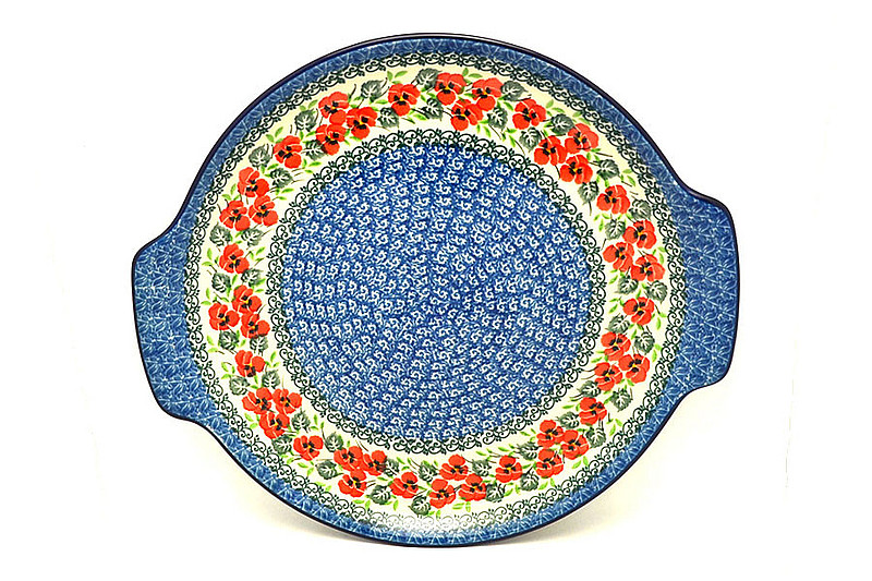 Ceramika Artystyczna Polish Pottery Round Tray with Handles - Red Pansy 152-2538a (Ceramika Artystyczna)