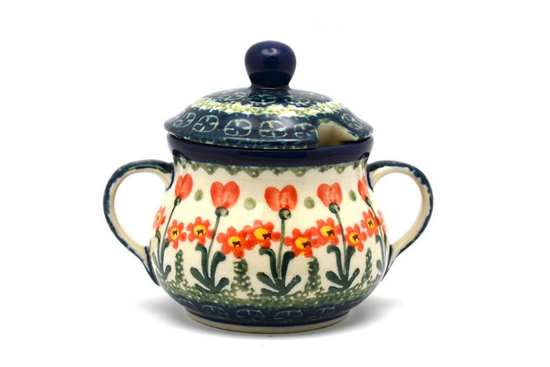 Ceramika Artystyczna Polish Pottery Sugar Bowl - Peach Spring Daisy 035-560a (Ceramika Artystyczna)