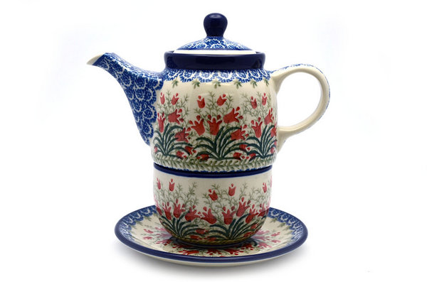 Polish Pottery Tea Time for One - Crimson Bells