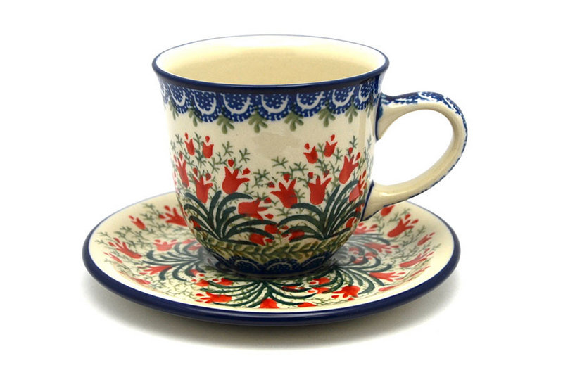 cup: 3 1/4"H x 3 1/2"W x 4 3/4"L
 Polish Pottery 8 oz. Cup & Saucer - Crimson Bells B66-1437a (cup: 3 1/4"H x 3 1/2"W x 4 3/4"L
)