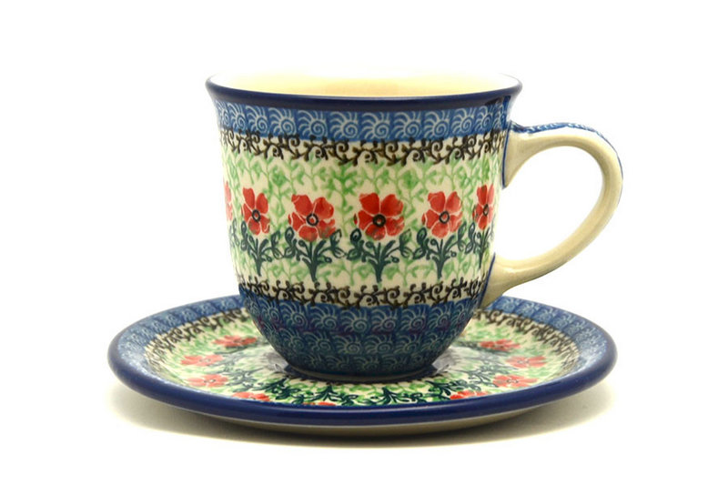cup: 3 1/4"H x 3 1/2"W x 4 3/4"L
 Polish Pottery 8 oz. Cup & Saucer - Maraschino B66-1916a (cup: 3 1/4"H x 3 1/2"W x 4 3/4"L
)