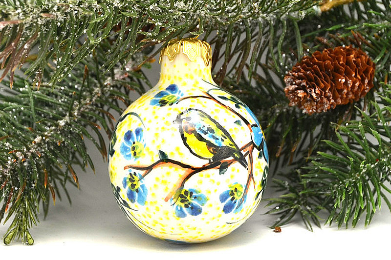 Polish Pottery Ornament - Ball - Bluebird with Dogwood