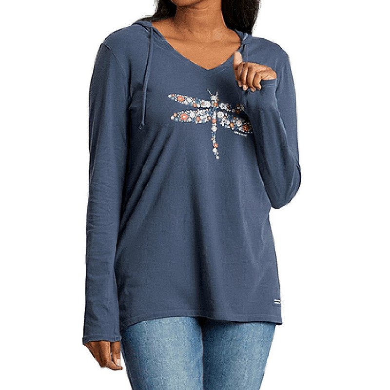Life is good Women's Dragonfly Flowers Long Sleeve Crusher-LITE Hooded Tee Shirt 89717 (Life is good)