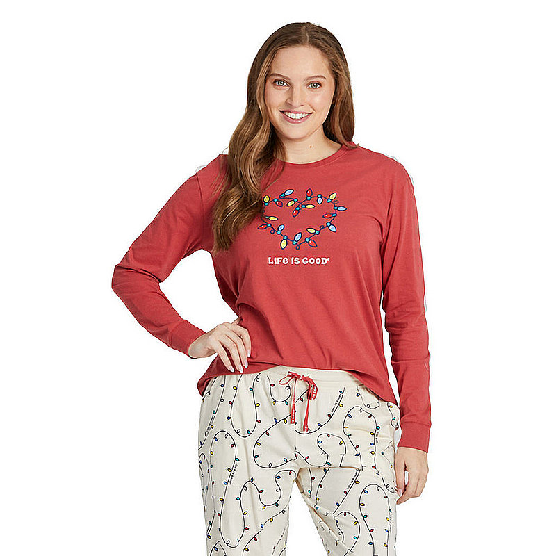 Life Is Good Women's Holiday Lights Heart Long Sleeve Snuggle Up Relaxed Sleep Tee FADED RED S 99693 (Life Is Good)