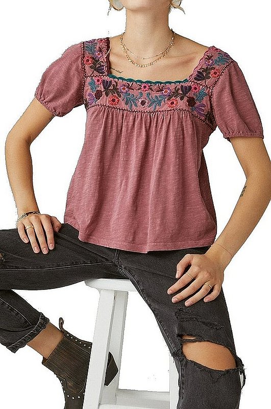 Women's Overdyed Embroidered Smocked Peasant Top